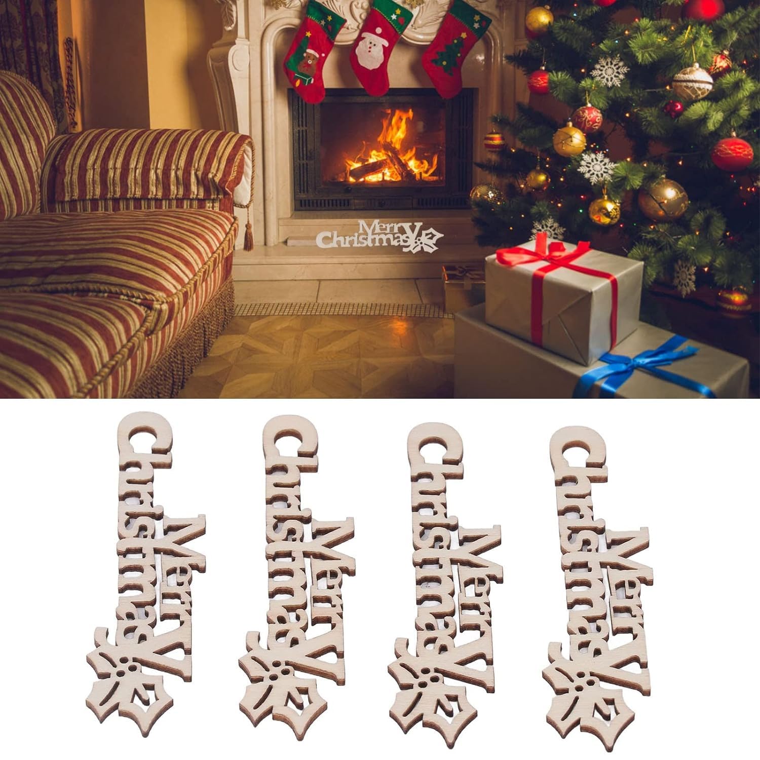 Christmas scene with fireplace, stockings, and tree with presents, featuring 'Merry Christmas' wooden cutouts.