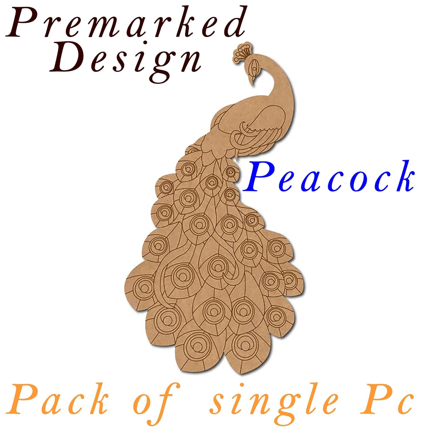 Wooden peacock design with text indicating 'Premarked Design', 'Peacock', and 'Pack of single Pc' on a white background.