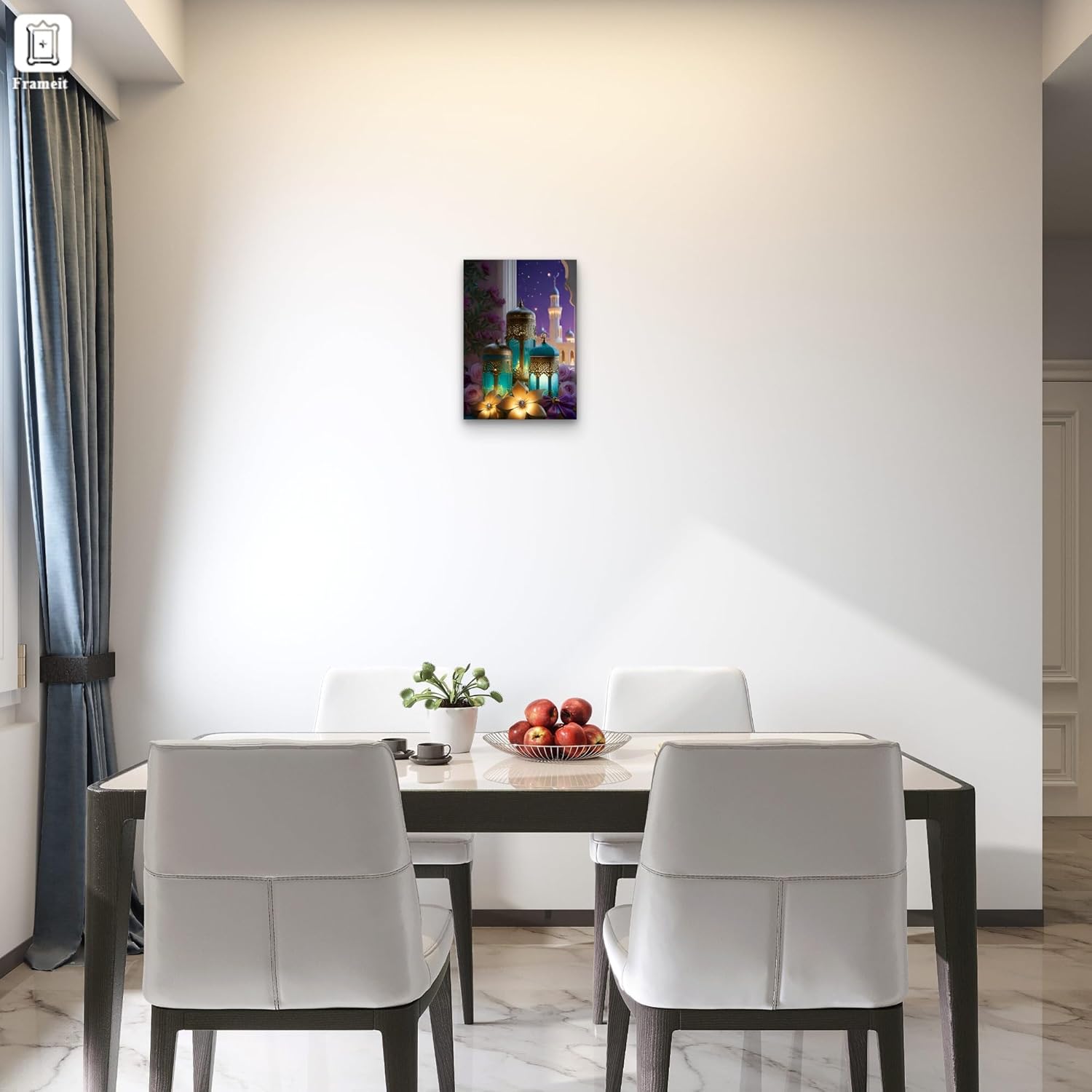 Modern dining room with a table and chairs, and a colorful painting on the wall.
