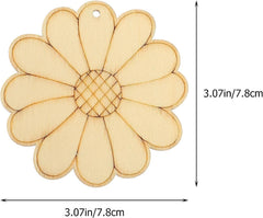 Wooden flower-shaped ornament with measurements on a white background
