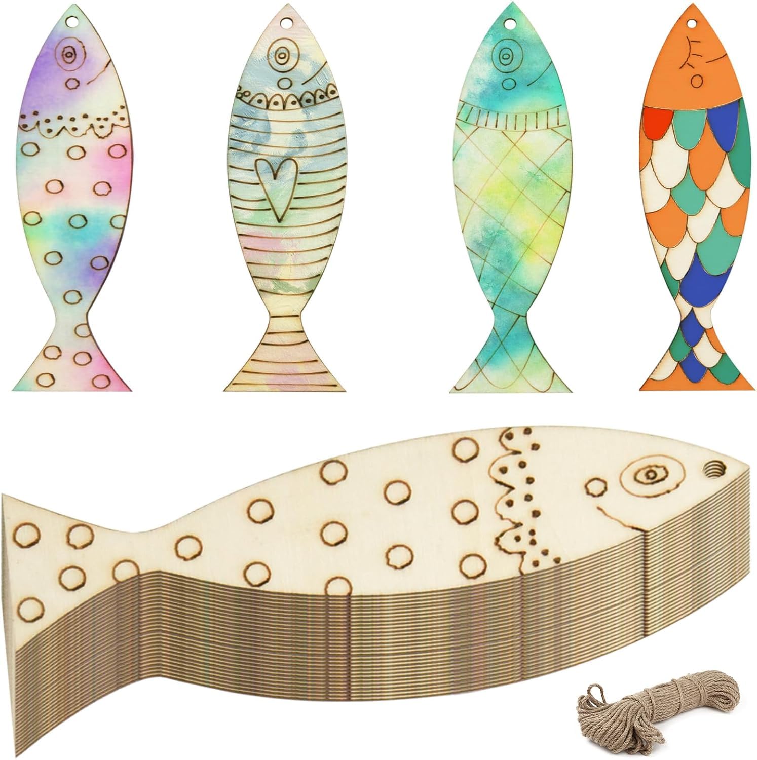 Set of colorful fish-shaped wooden decorations with a string on a white background