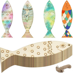 Set of colorful fish-shaped wooden decorations with a string on a white background