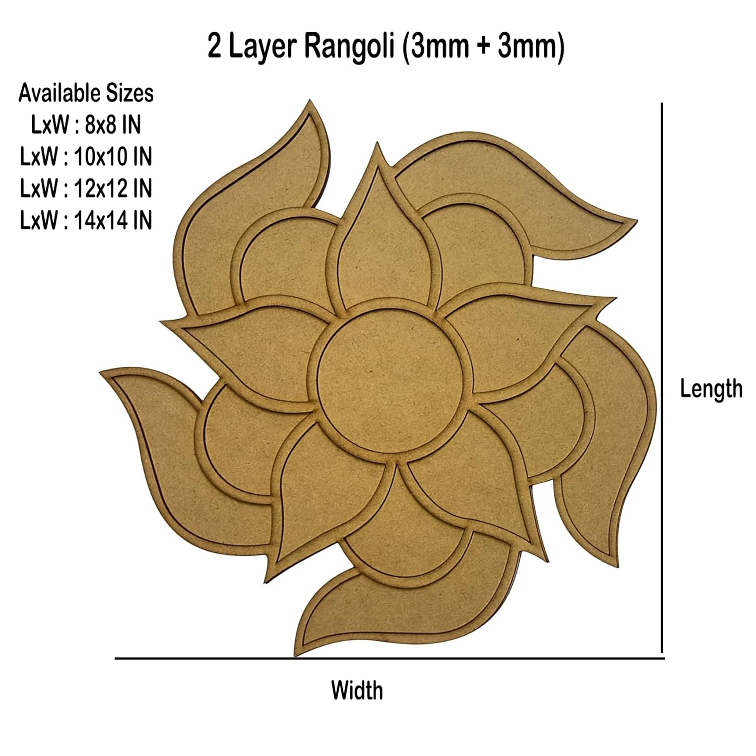 2-layer rangoli design with dimensions and available sizes on a white background