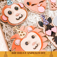American Elm Birthday Wooden Animals DIY Craft Kit for Kids Wooden Animal Cutouts with Party Hats MDF Painting Kit for Kids, Decorating Kit