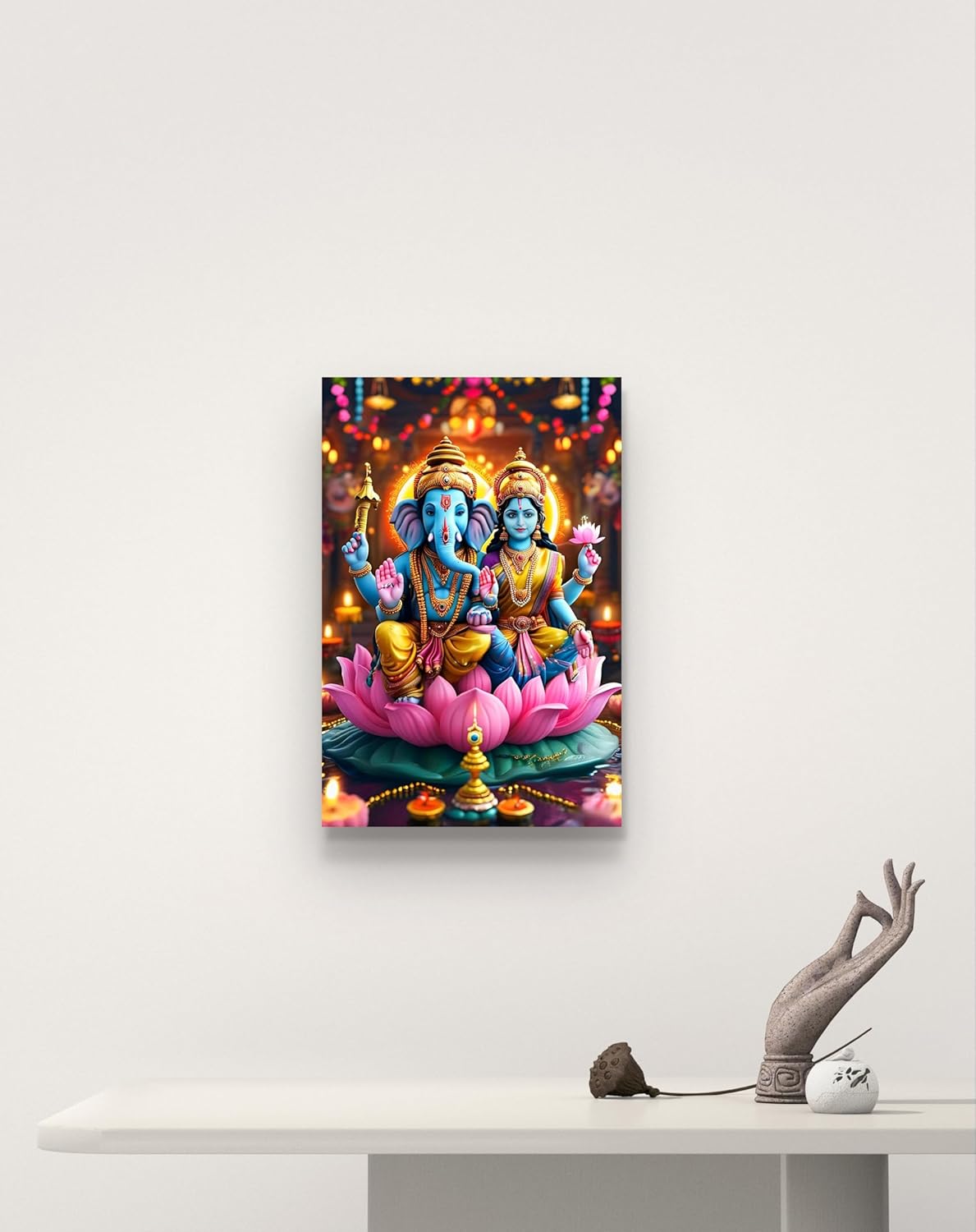 Colorful depiction of a deity on a lotus with decorative lights in the background, displayed on a white wall.