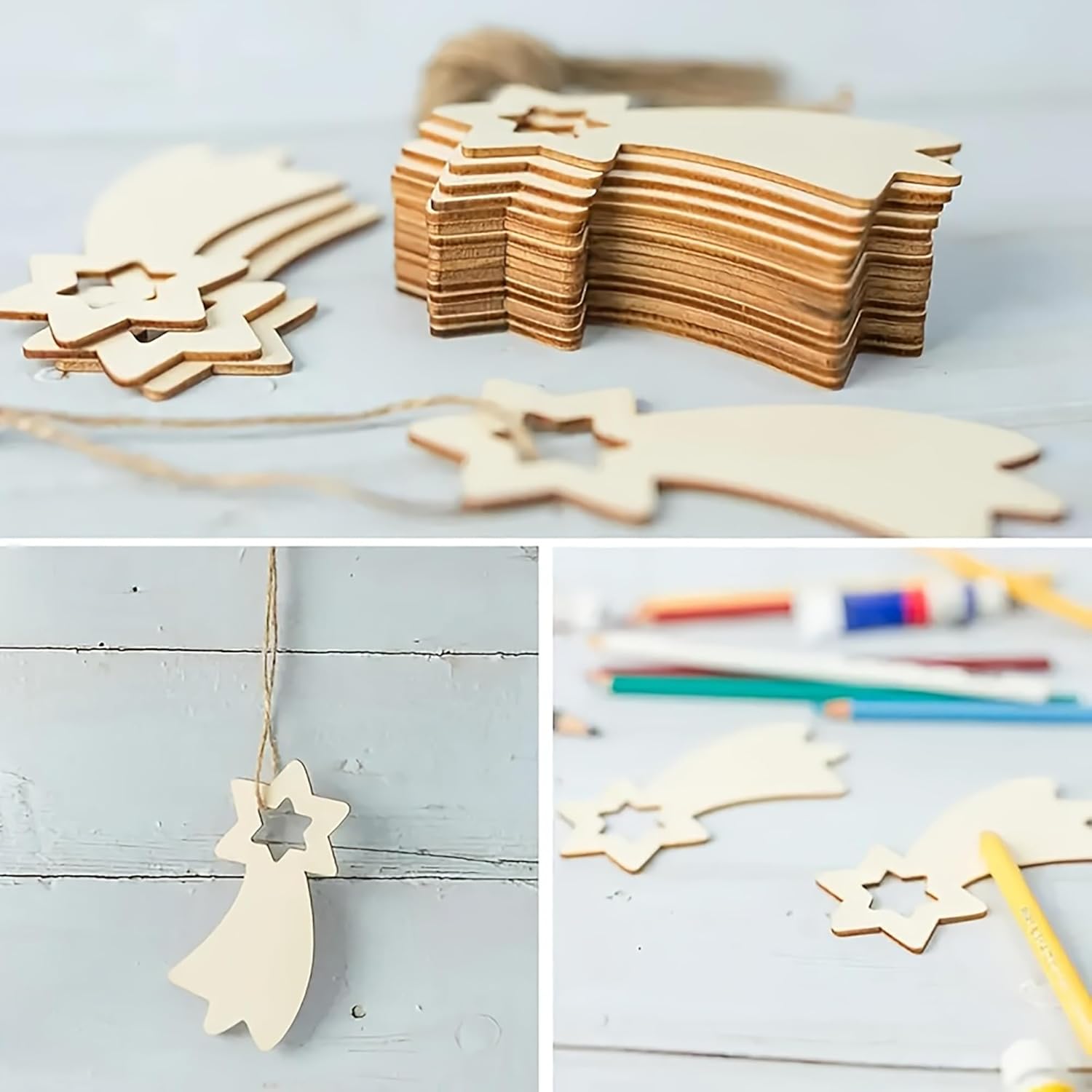 Wooden star-shaped cutouts with craft supplies on a light wooden surface
