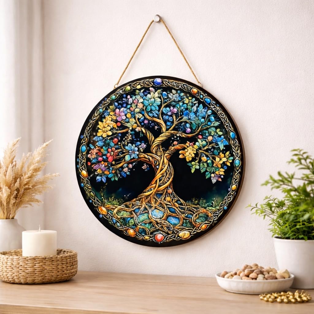 American Elm Tree of Life Wall Decor - 8 Inch Round MDF Print - Symbol of Growth & Connection -Vastu Ready-to-Hang Display for Home & Office