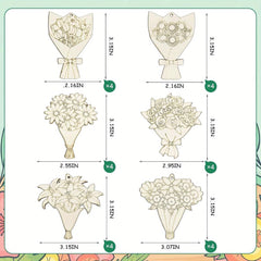 Illustrations of floral bouquets with dimensions on a colorful background