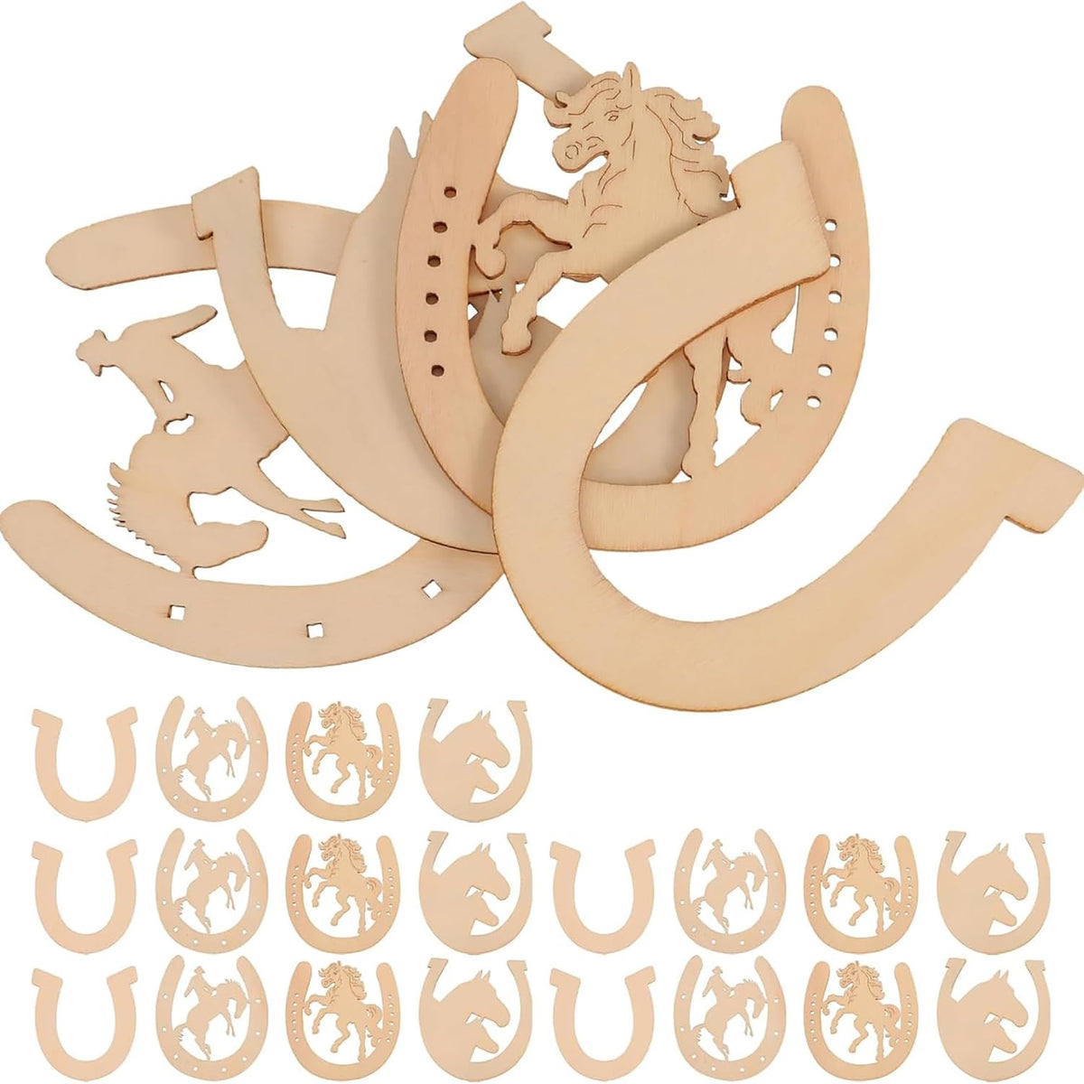 Wooden horseshoe and horse design cutouts on a white background