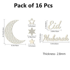 Cliths Pack of 16 Ramadan Moon Star Wooden Decor Islamic Eid Mubarak Wall Art Set Cutouts for Home