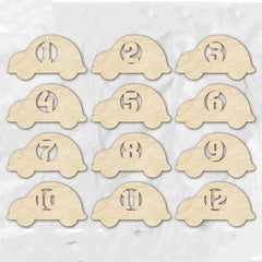 Set of 12 wooden car-shaped number cards on a light background