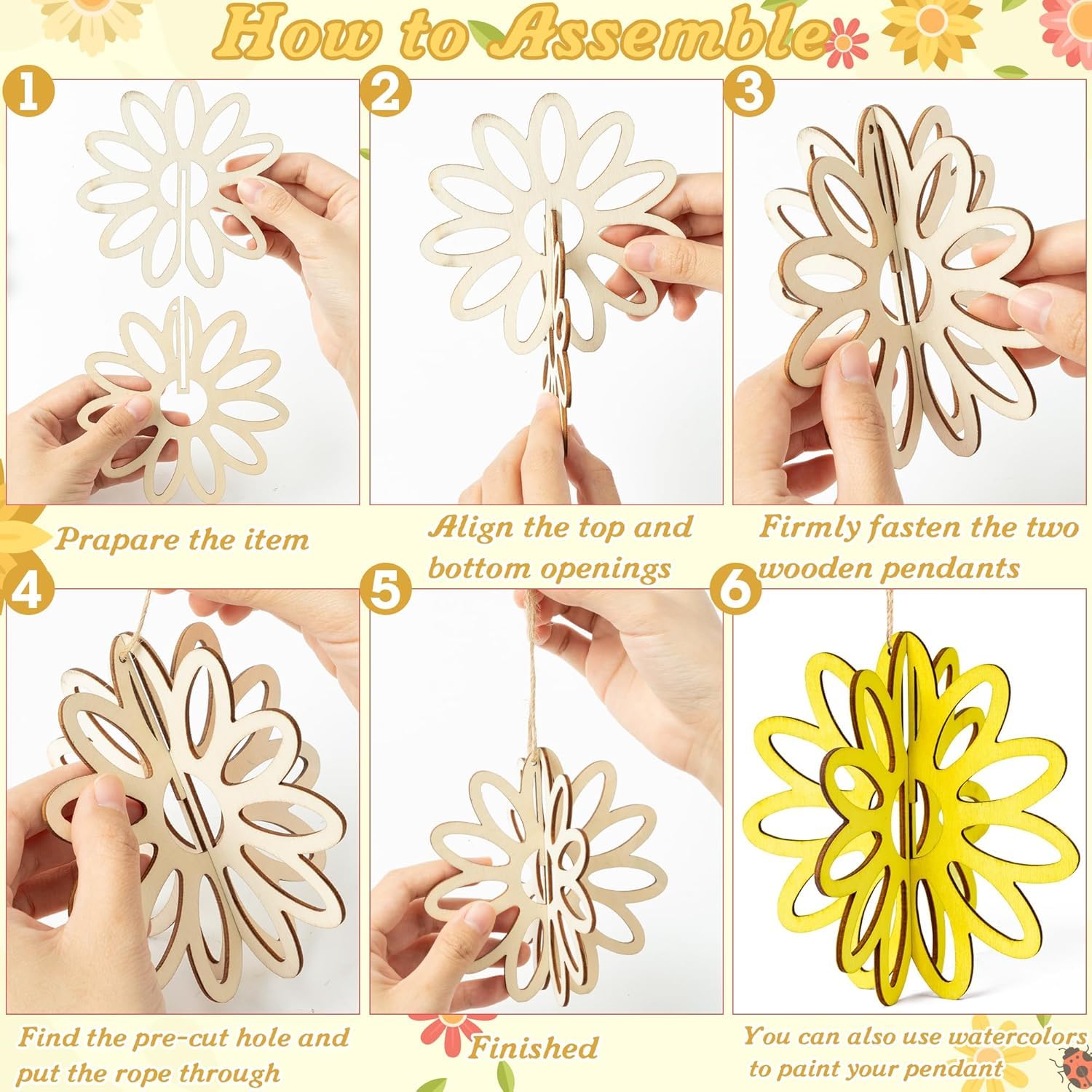 Step-by-step assembly guide for a wooden pendant with floral design.