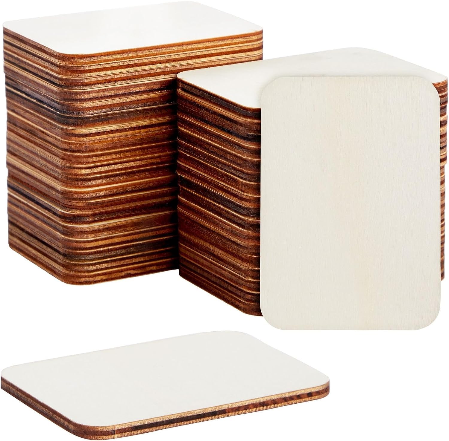Stack of wooden coasters with white pads on a white background
