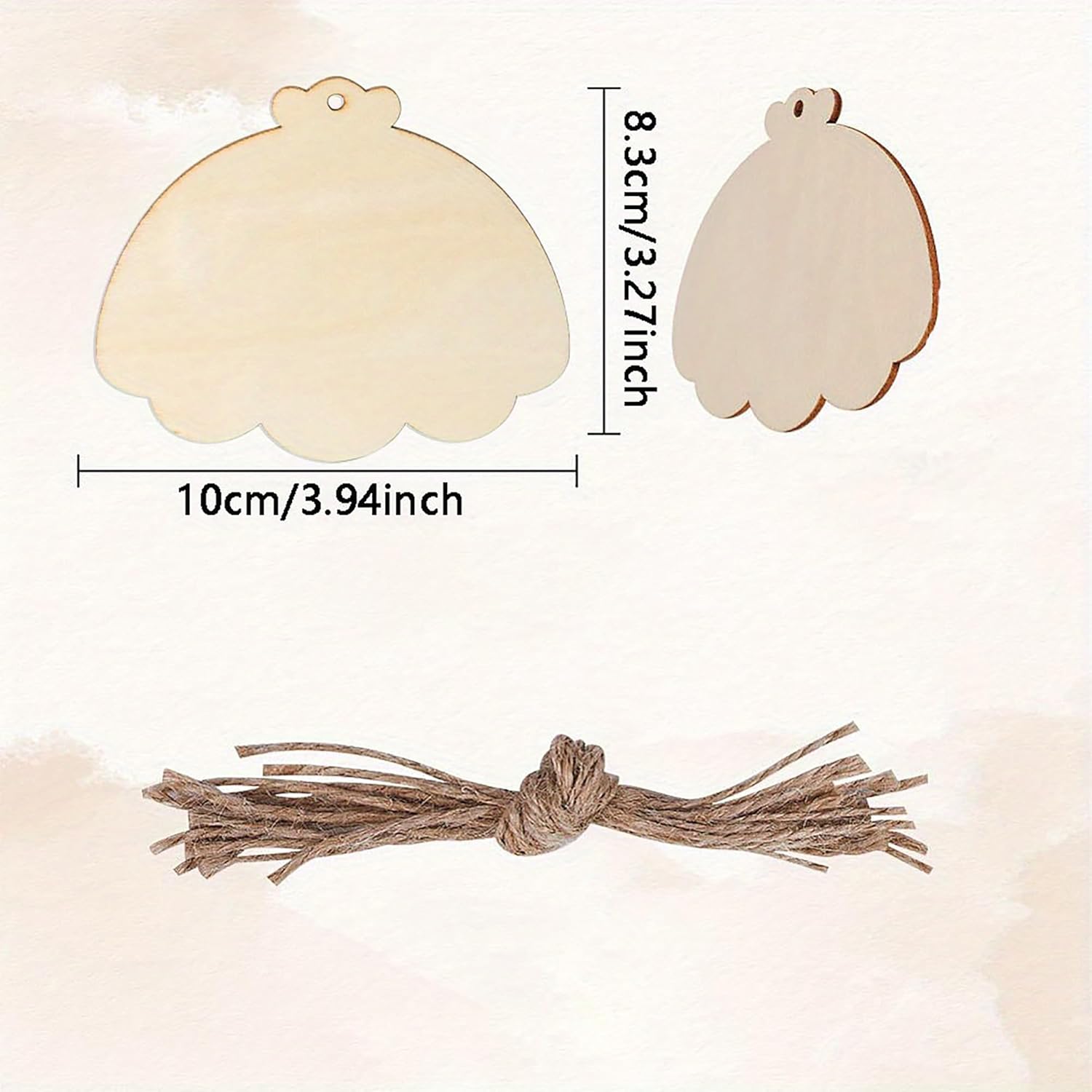 Wooden leaf-shaped cutout with dimensions and a bundle of twine on a light background