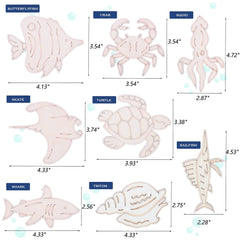 Illustrations of various sea creatures with dimensions labeled