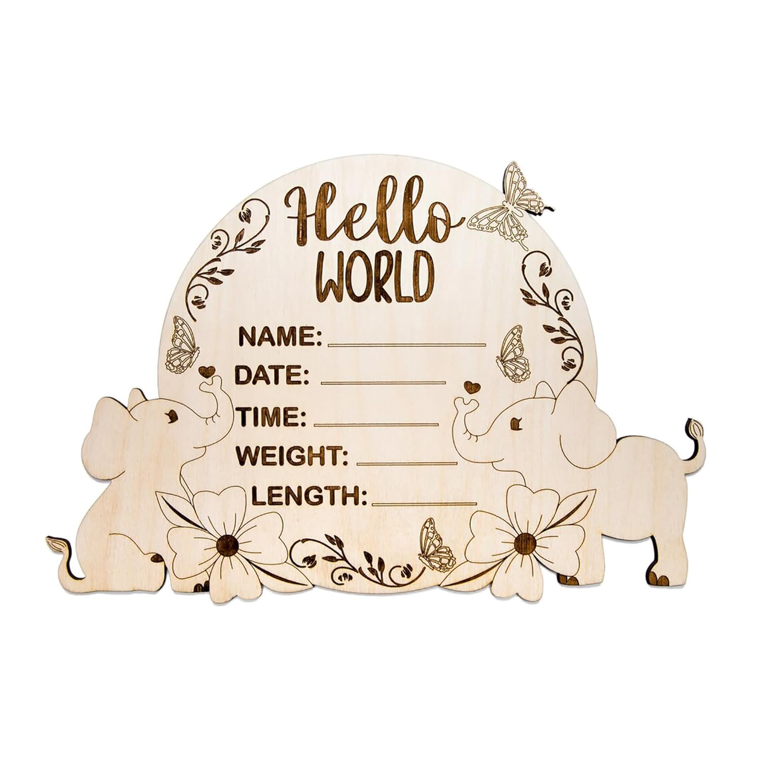 Wooden baby announcement plaque with elephants and decorative elements on a white background