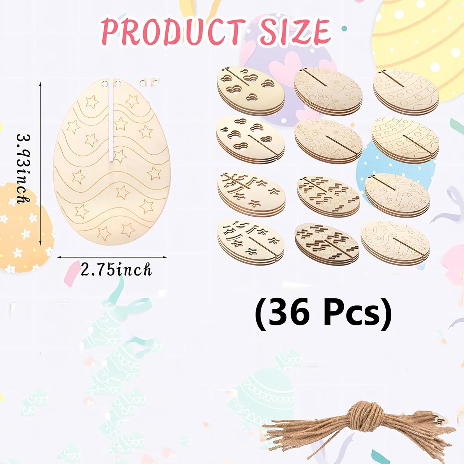 Set of wooden Easter egg decorations with measurements and quantity on a colorful background