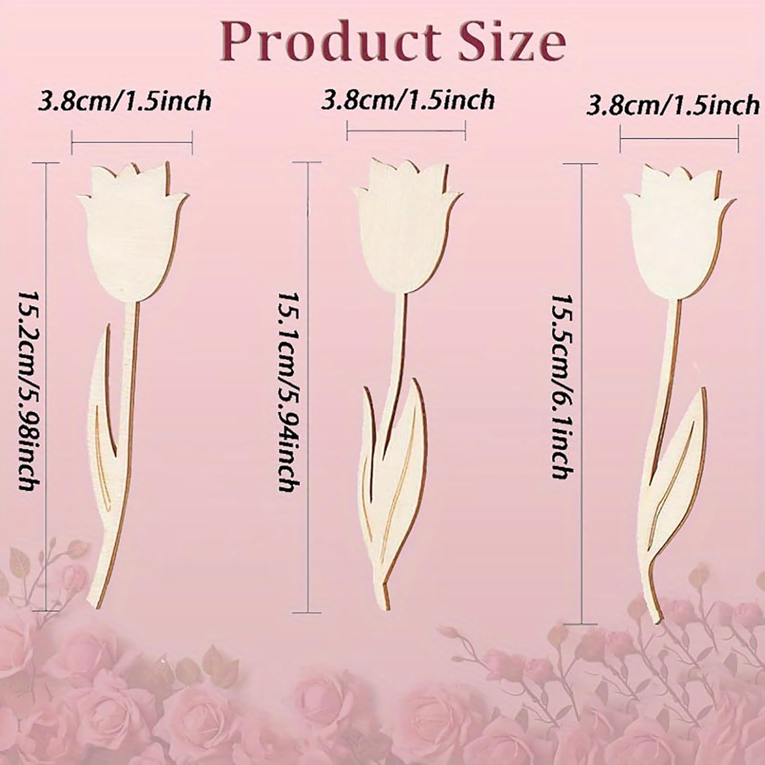 Product size chart with white tulip-shaped items on a pink floral background