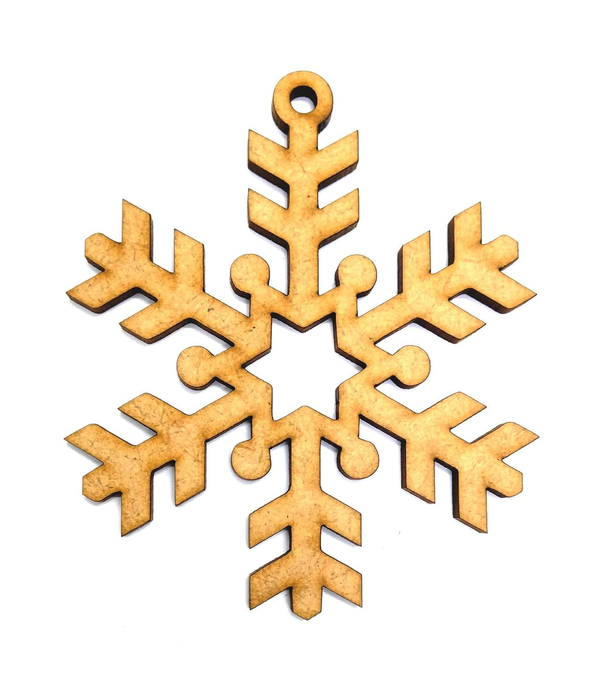 Wooden snowflake ornament on a white background