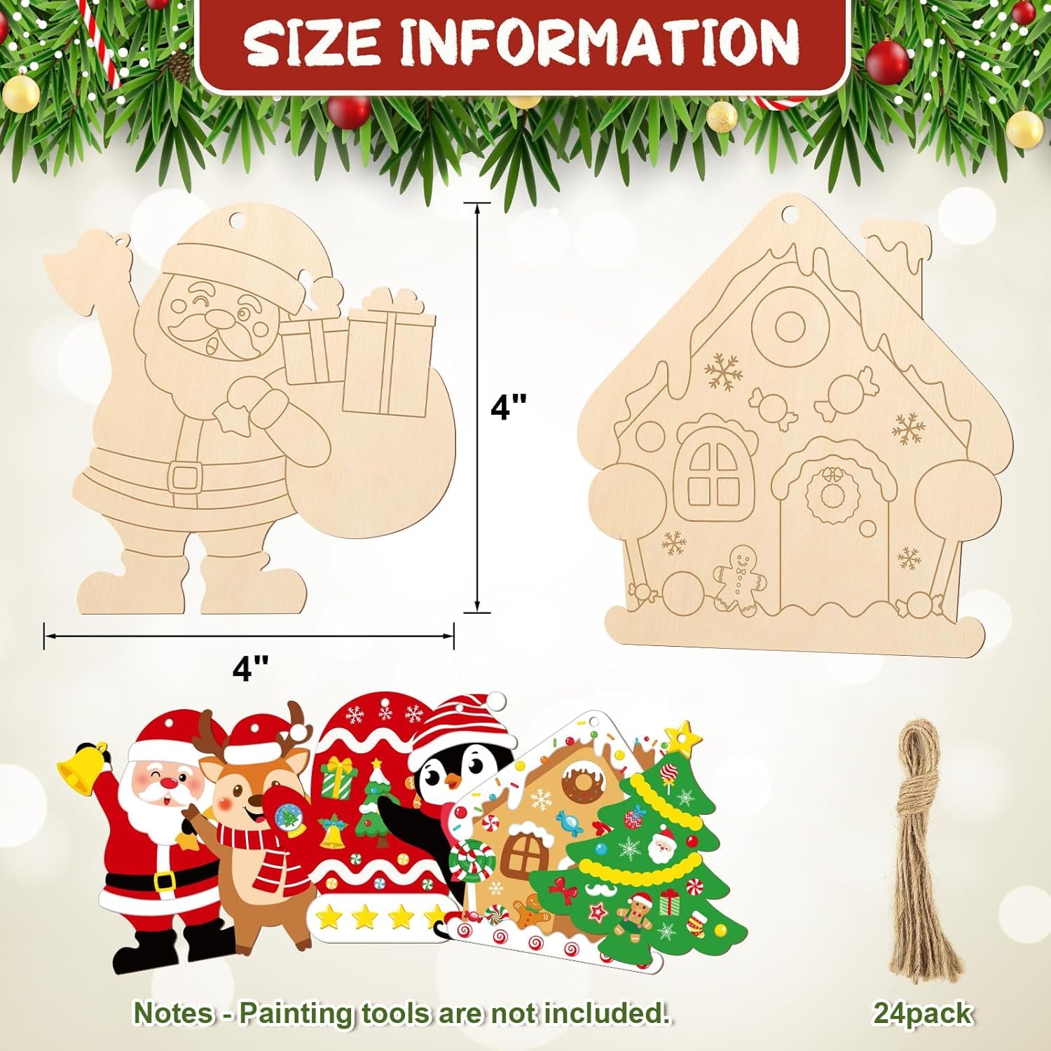 Set of Christmas-themed wooden cutouts with measurements and size information on a beige background.