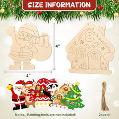 Set of Christmas-themed wooden cutouts with measurements and size information on a beige background.