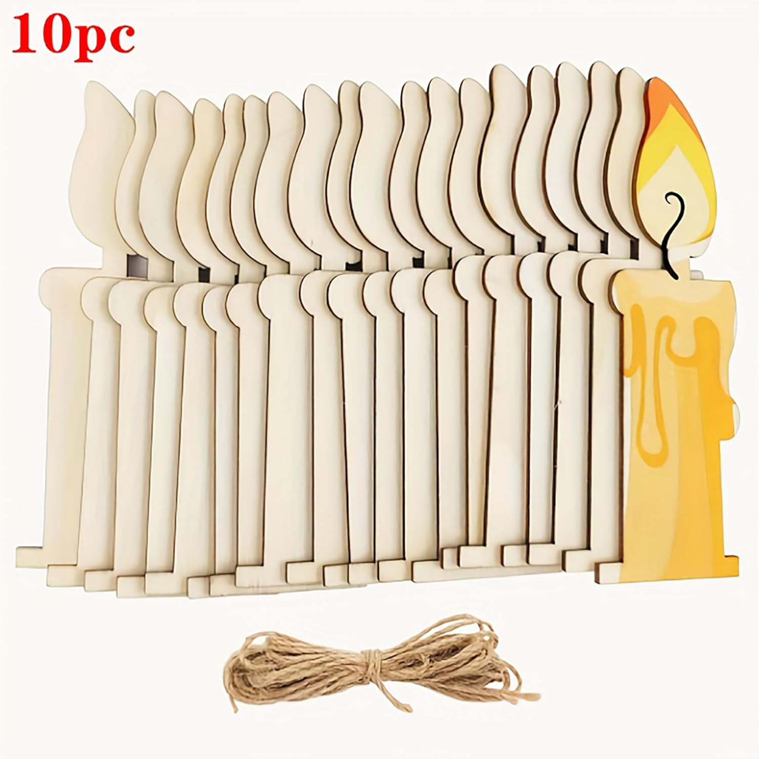 Set of 10 wooden candles with a decorative candle and twine on a white background