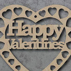 Heart-shaped wooden cutout with 'Happy Valentine's' text on a gray background