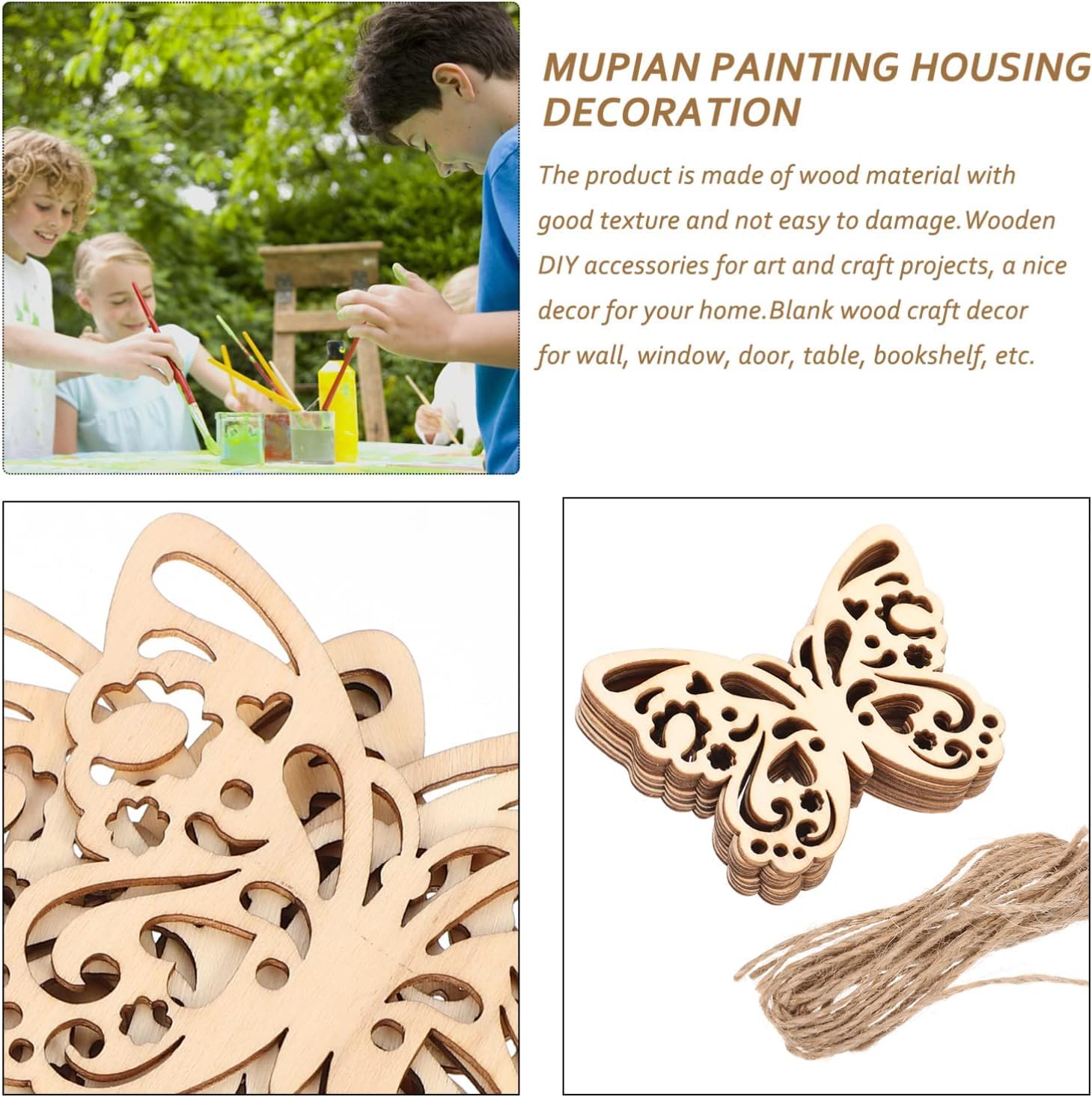 Wooden butterfly decor with text about product features and usage.