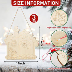 Wooden Christmas house ornament with size information and features on a festive background