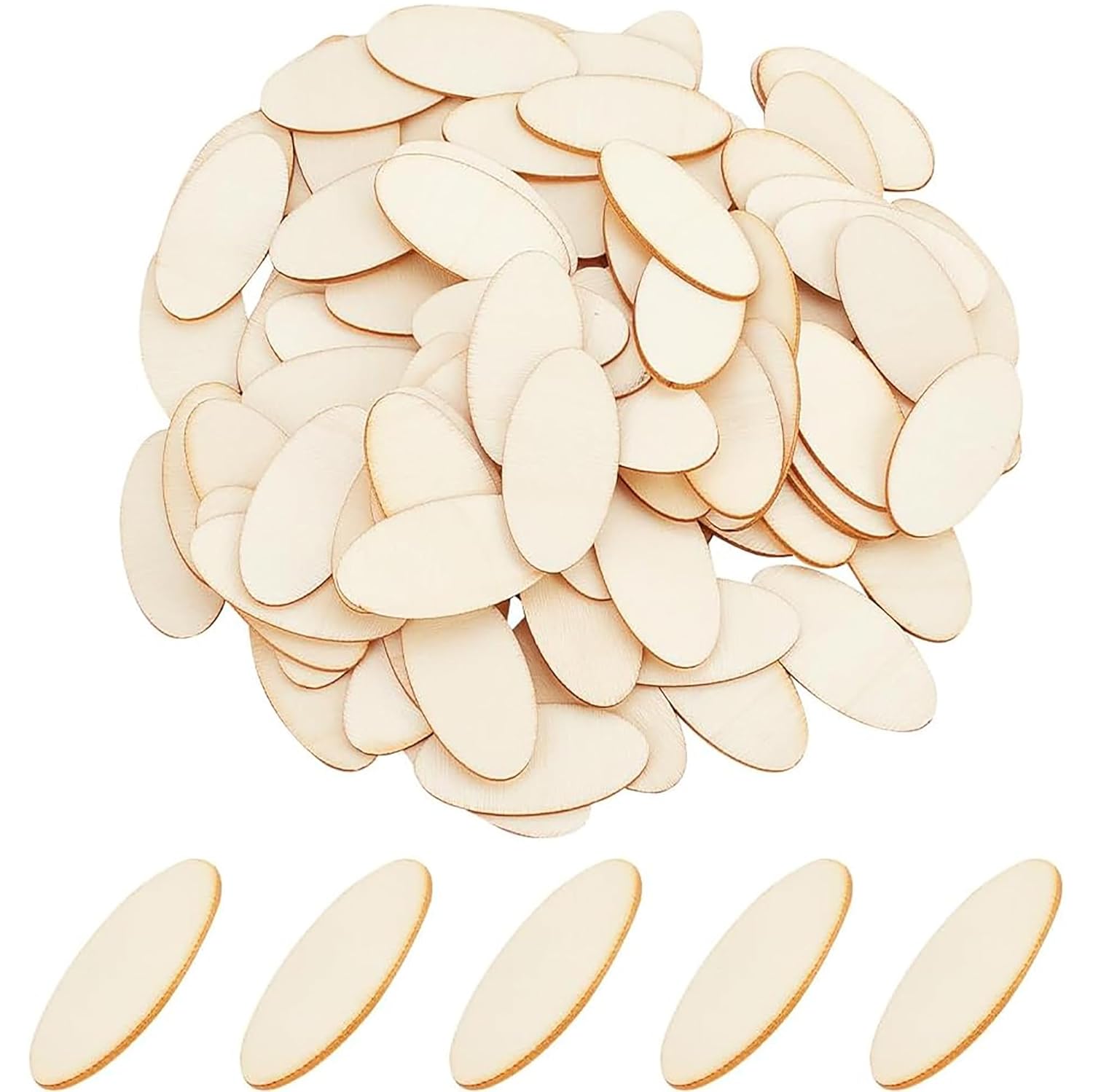 Collection of oval-shaped wooden cutouts on a white background