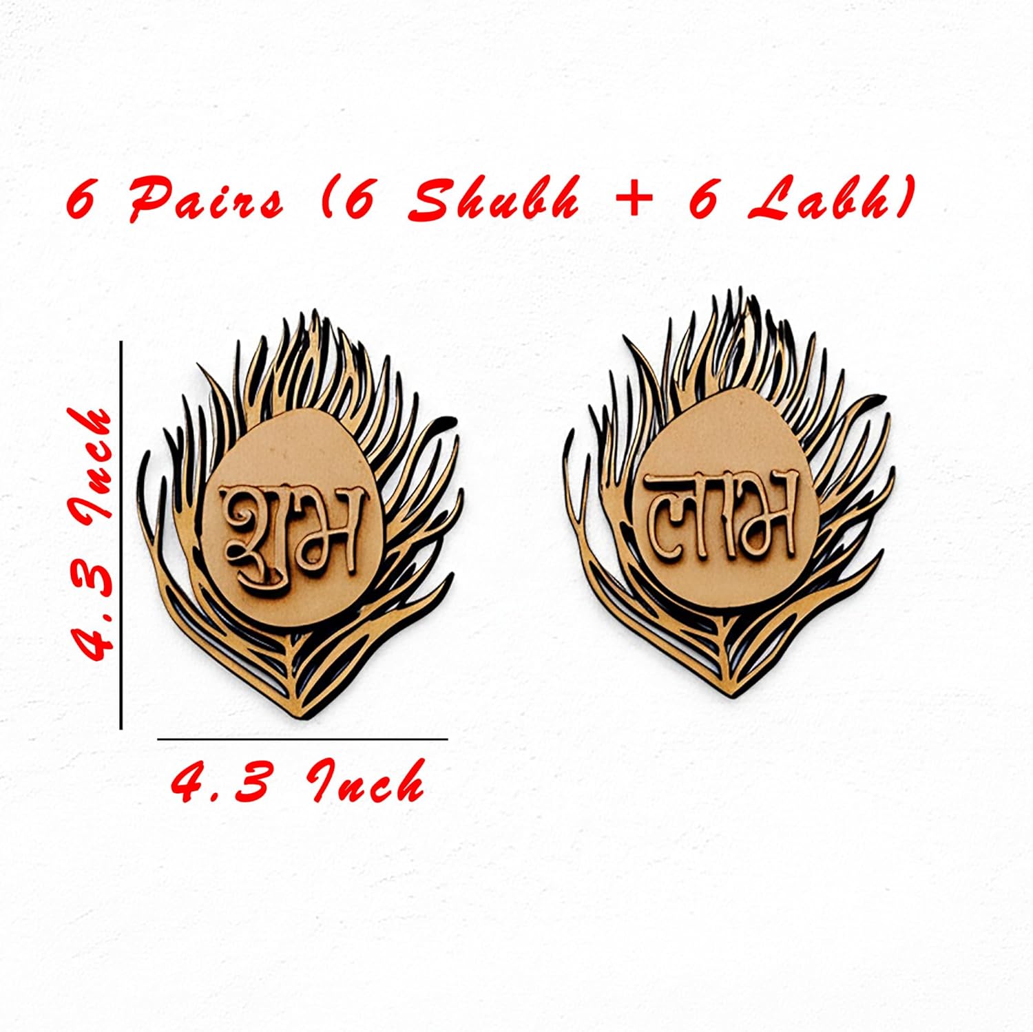 Pair of decorative earrings with feather designs and text, on a white background.