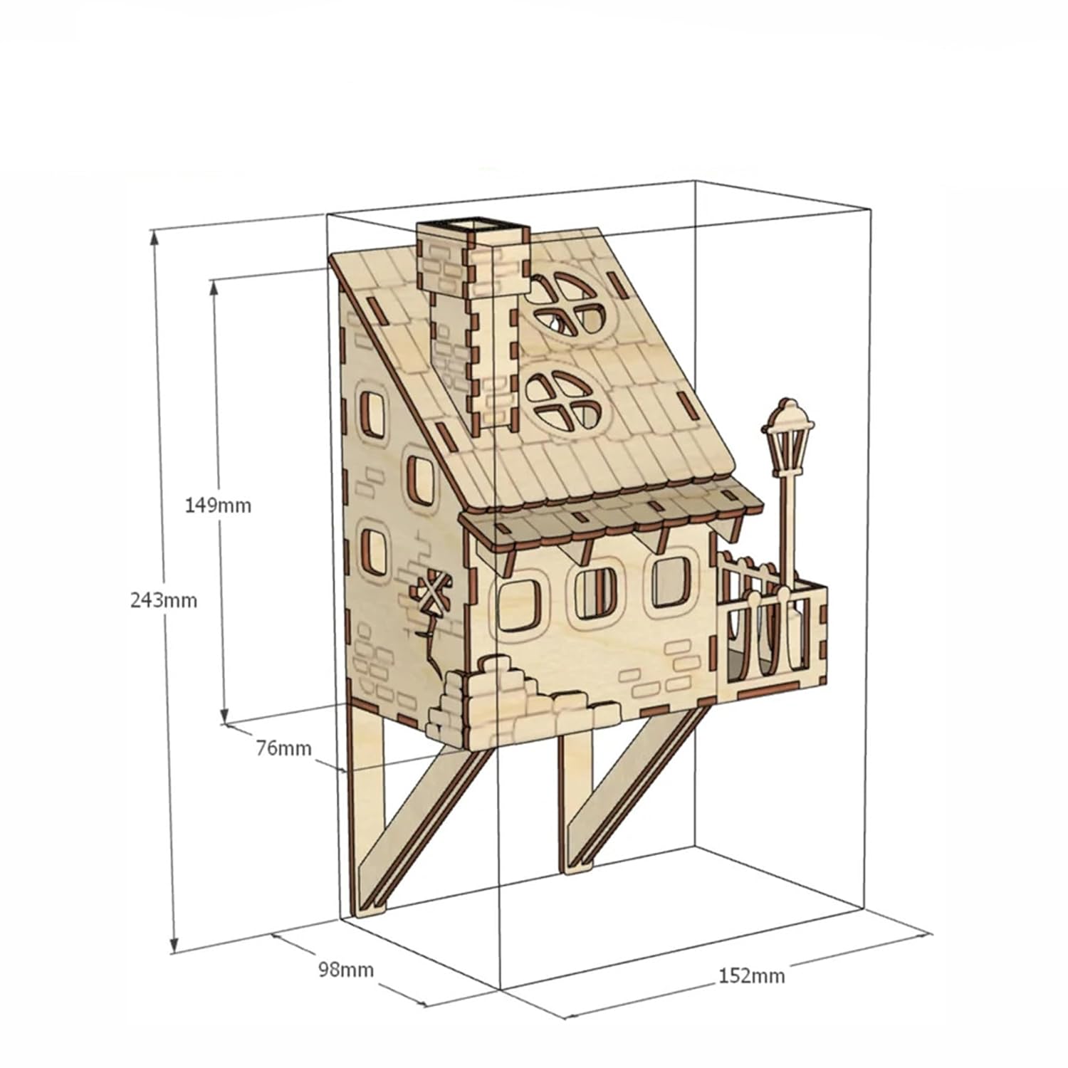 Wooden playhouse model with dimensions labeled on a white background