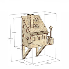 Wooden playhouse model with dimensions labeled on a white background