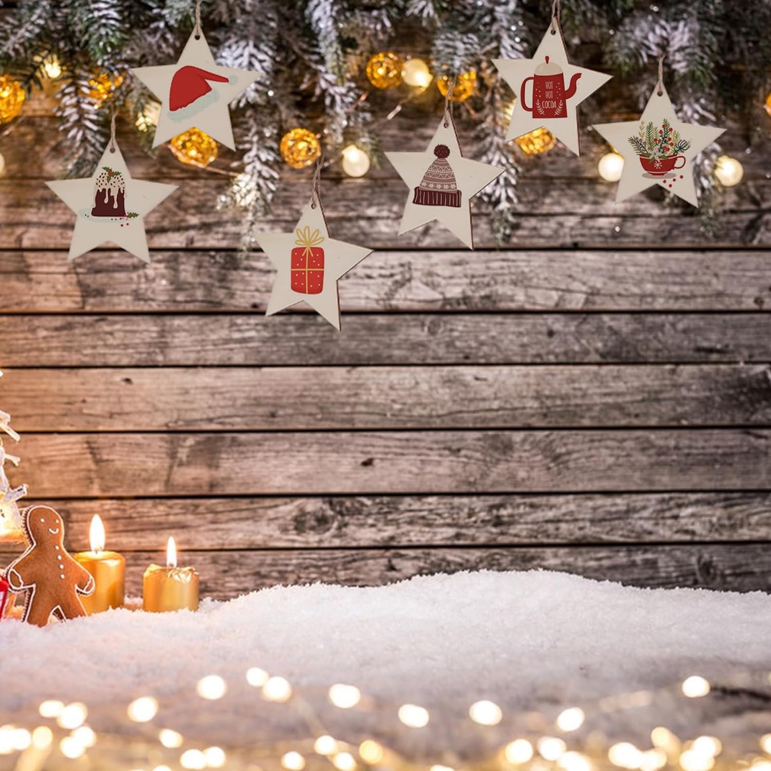 Decorative star-shaped ornaments with Christmas-themed illustrations on a wooden background with snow and lights.