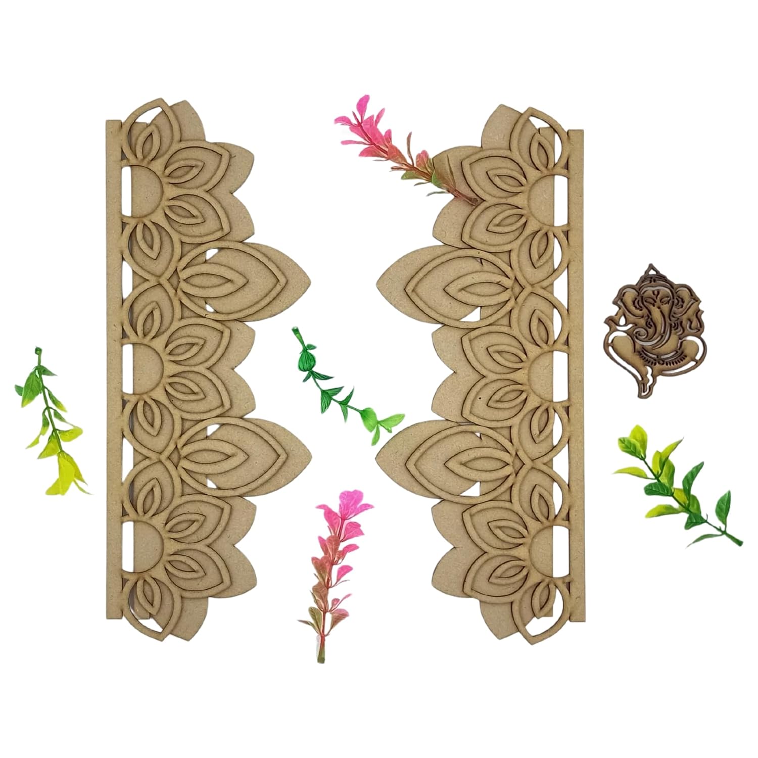 Decorative wooden panel with floral patterns and small plants on a white background