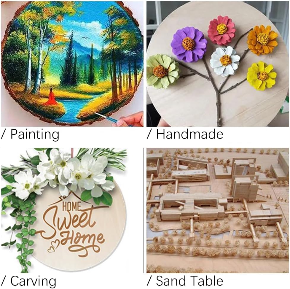 Collage of various handmade crafts including a painting, floral arrangement, wooden sign, and sand table.