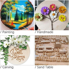 Collage of various handmade crafts including a painting, floral arrangement, wooden sign, and sand table.