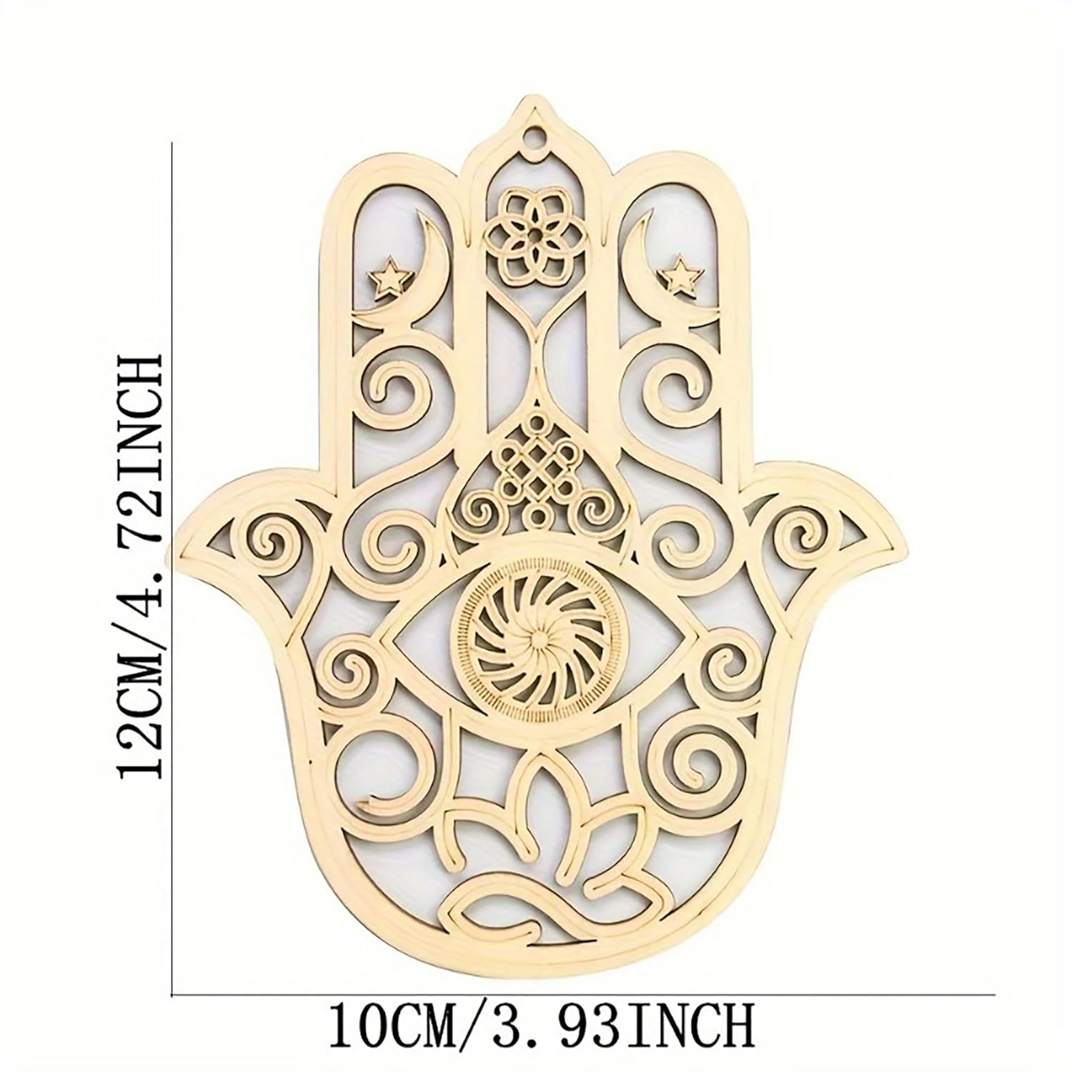 Decorative Hamsa hand with intricate patterns and measurements on a white background