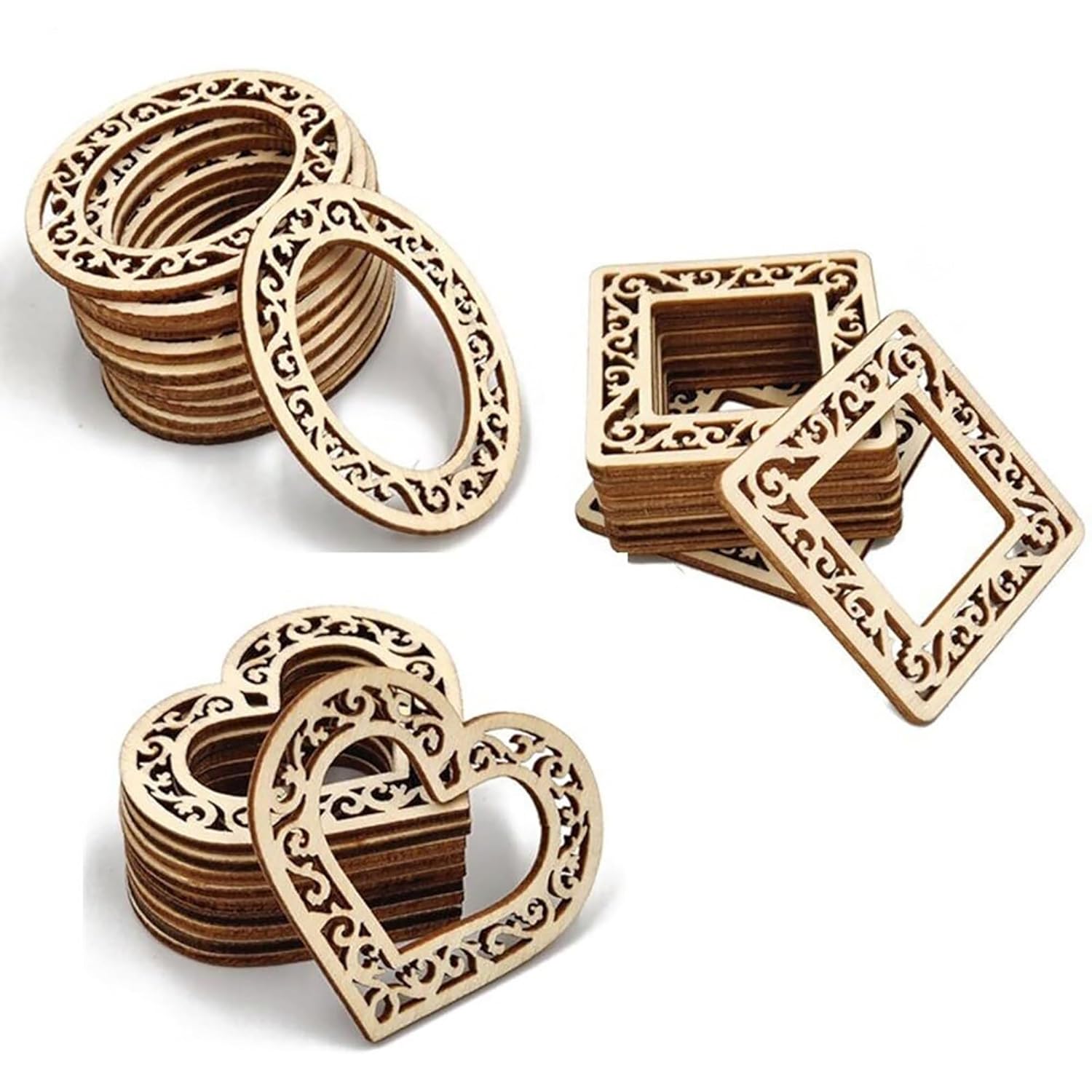Wooden heart, square, and round decorative pieces with intricate cut-out patterns on a white background.