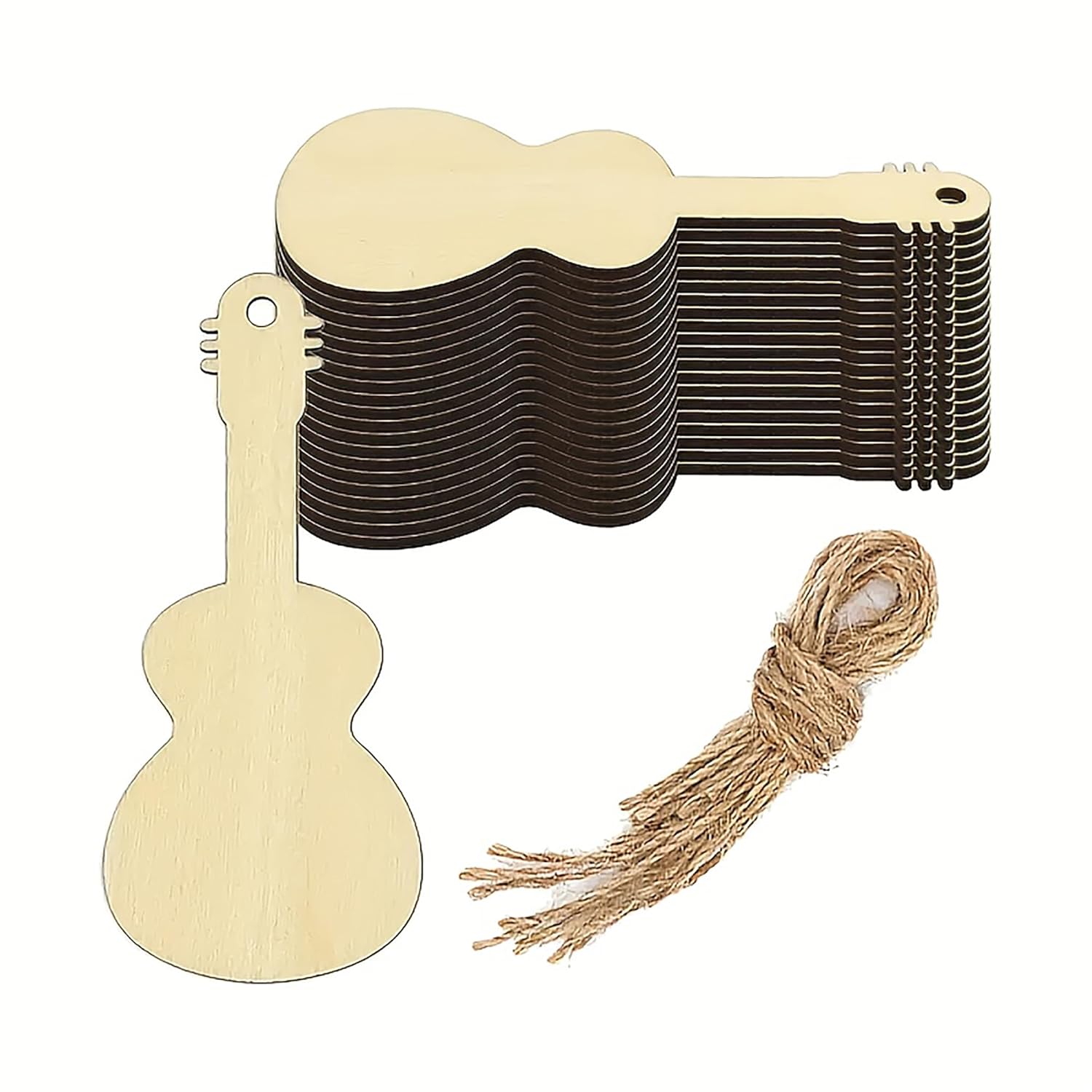 Set of guitar-shaped metal brads with a wooden handle on a white background