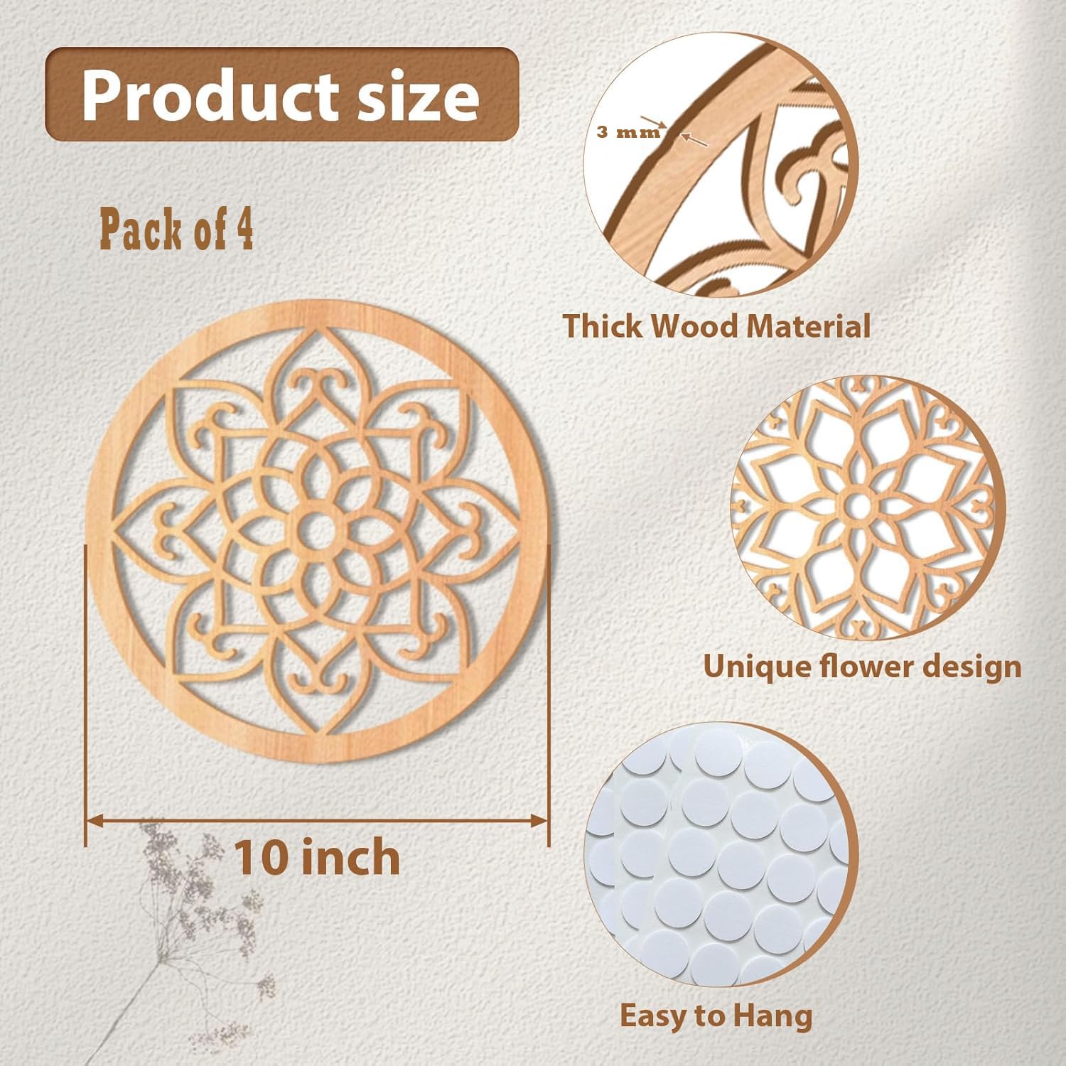 Wooden decorative item with floral design, product size details, and material information on a textured background.