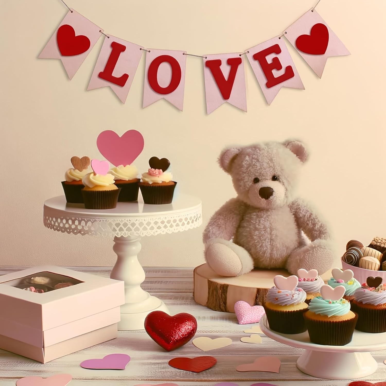 Valentine's Day-themed setting with teddy bear, cupcakes, and 'LOVE' banner.