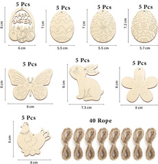 Set of wooden Easter decorations with measurements and a bundle of rope.