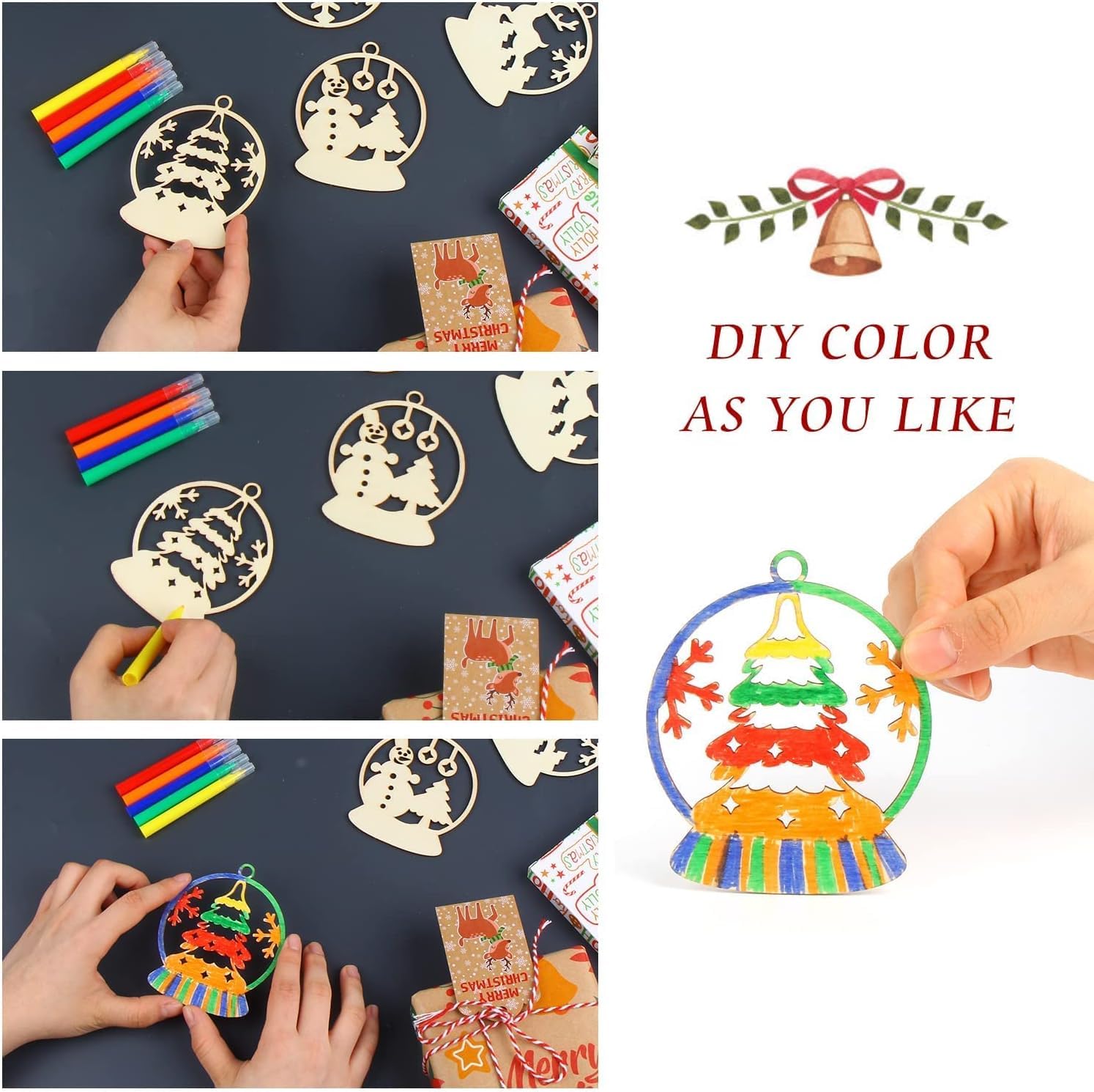 Collage of hands coloring Christmas-themed cutouts with markers, featuring text 'DIY Color as You Like'.