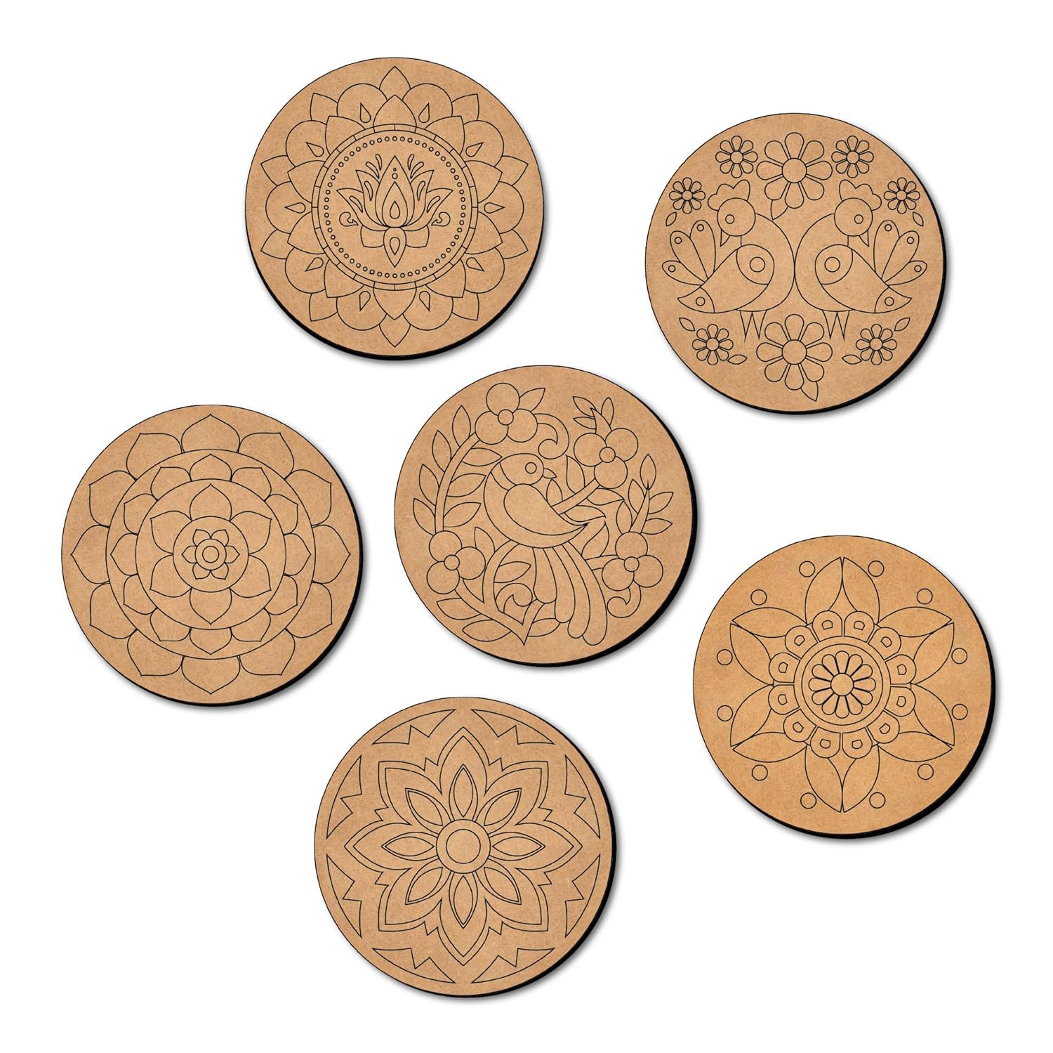 Set of six cardboard coasters with floral and mandala designs on a white background