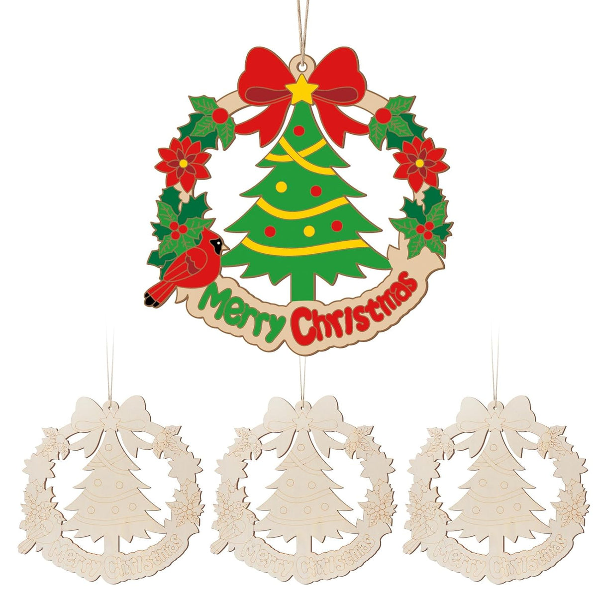 Decorative Christmas ornament with wreath, tree, and 'Merry Christmas' text on a white background.