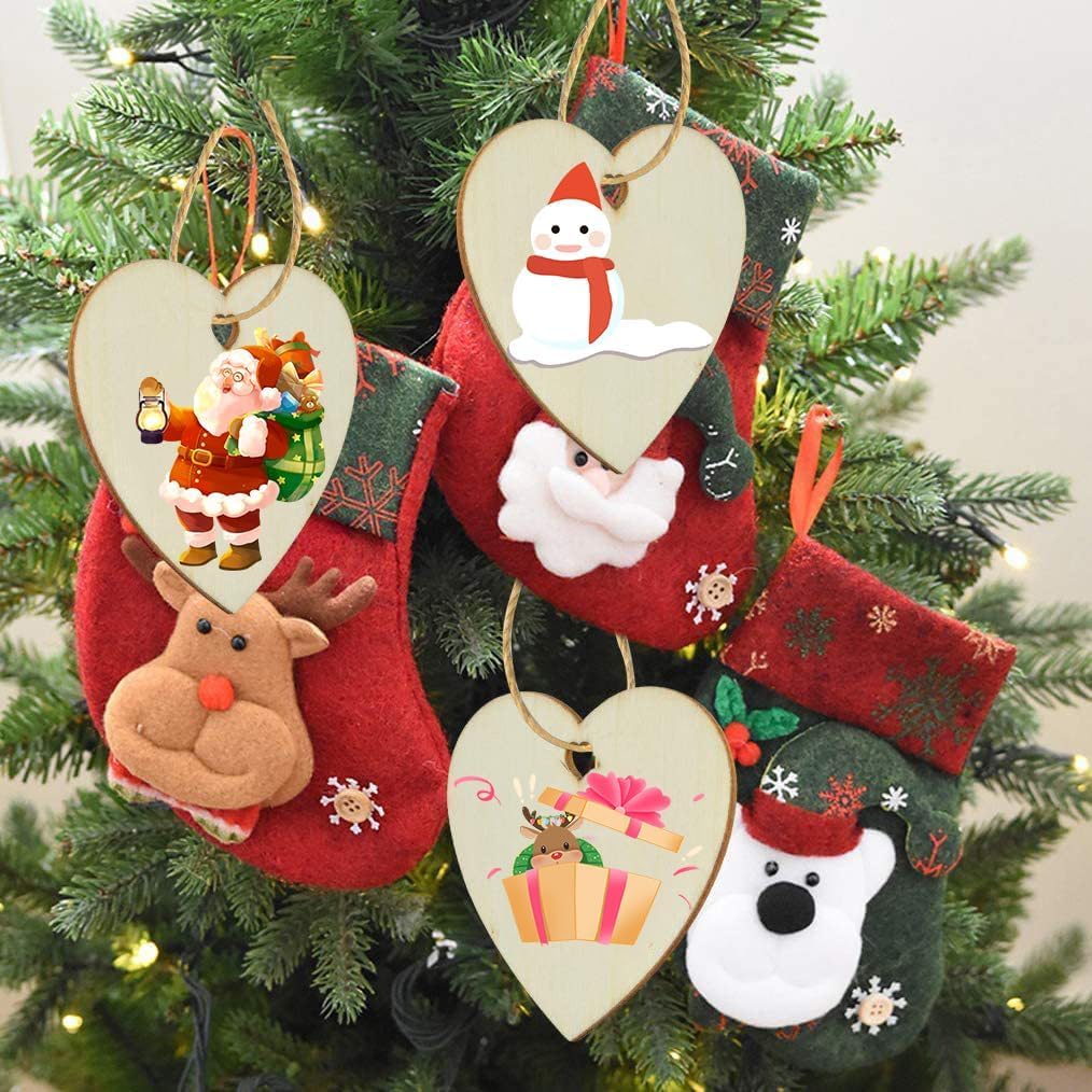 Decorative Christmas ornaments on a tree with Santa, reindeer, snowman, and bear designs.