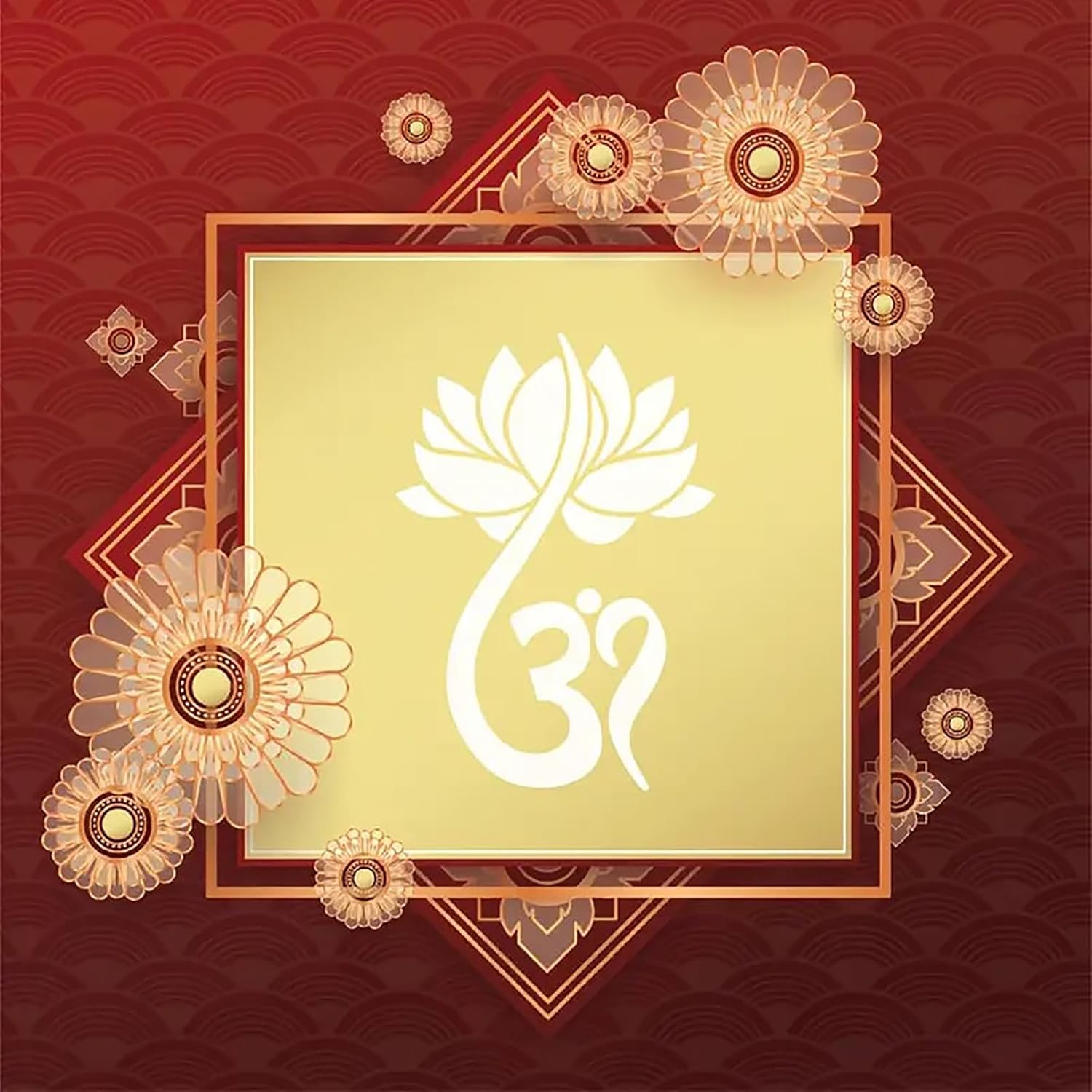 Decorative design with a white lotus and 'Om' symbol on a gold background, surrounded by ornate elements on a red patterned background.