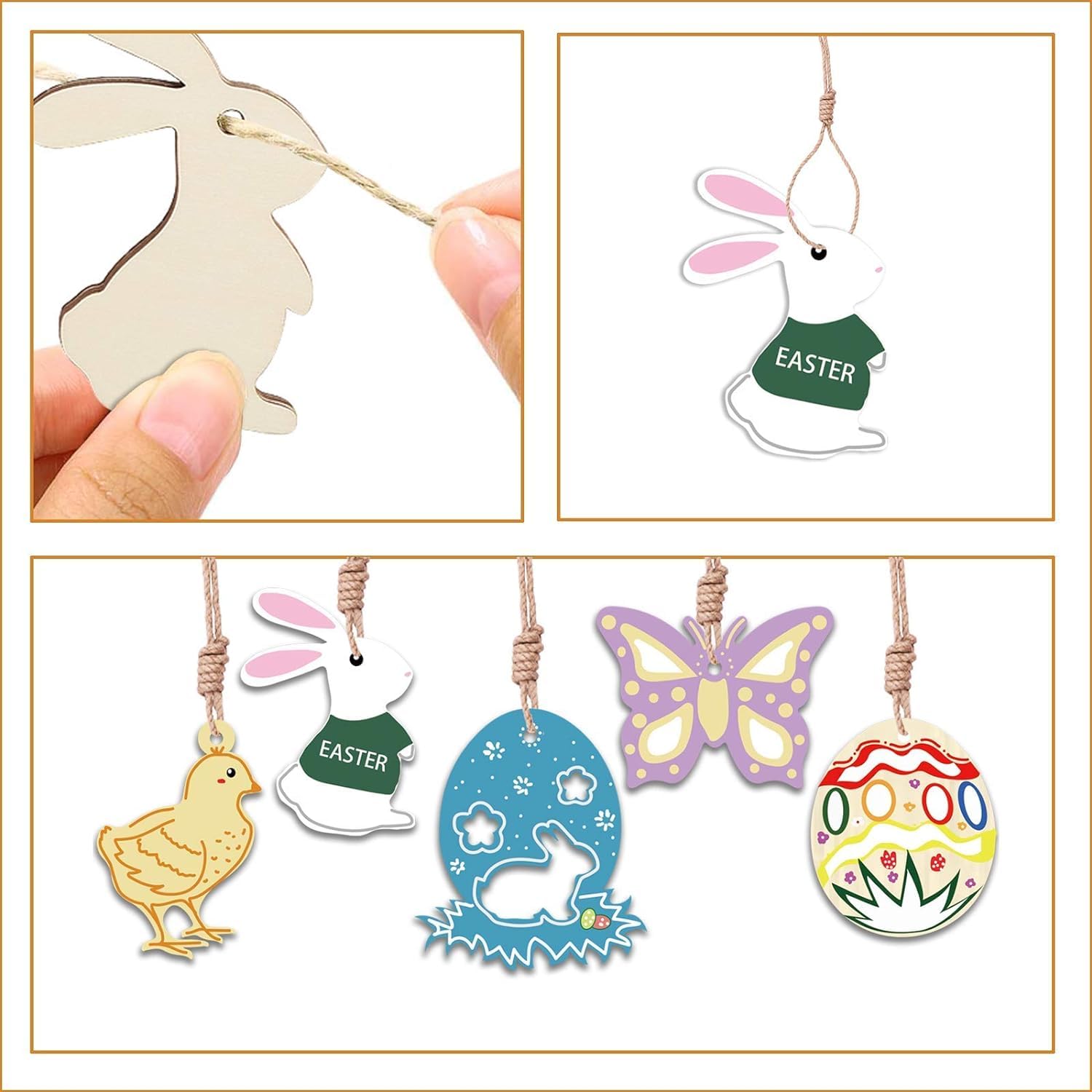 Set of colorful Easter-themed wooden ornaments including a rabbit, chick, butterfly, and egg.
