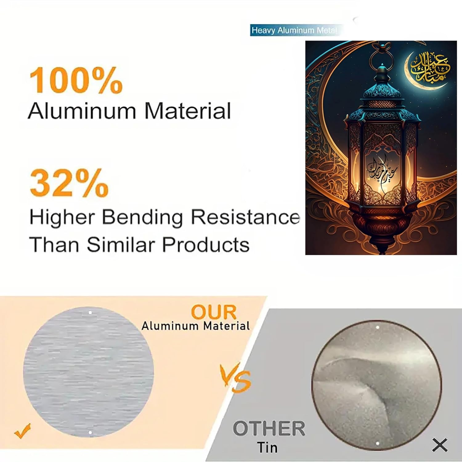 Advertisement highlighting aluminum material properties with a decorative lantern image.